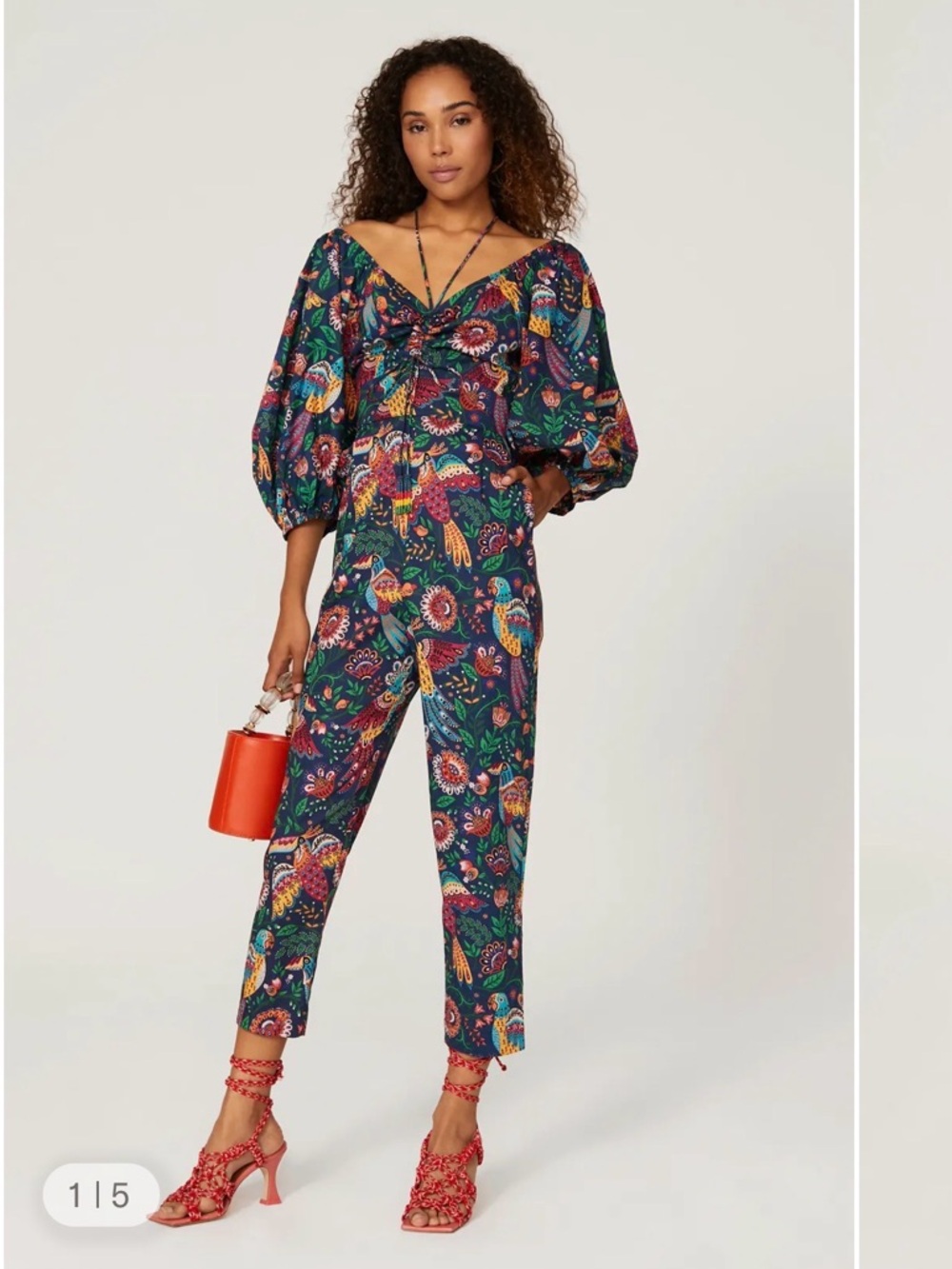 FARM Rio Navy Floral Print V-Neck Jumpsuit with Puff Sleeves